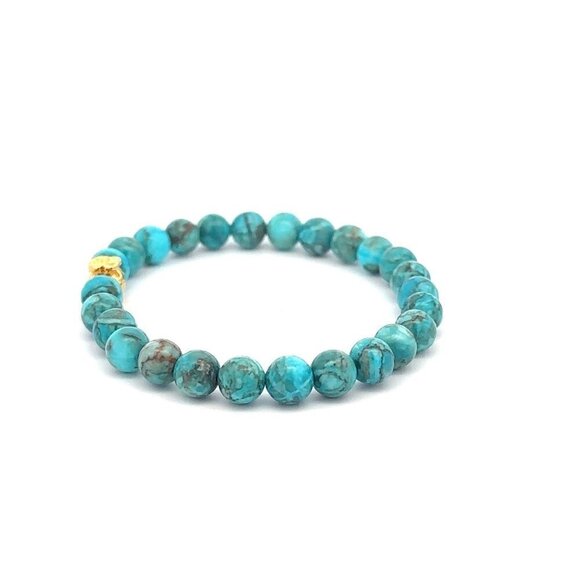 18K Gold Money Bag Turquoise Gemstones 6mm Lucky Charm Elastic Bracelet - Picture 3 of 5